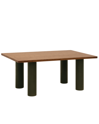Table de salle à manger rectangulaire en bois massif teinte chêne moyen pieds en microciment teinte verte différentes dimension
