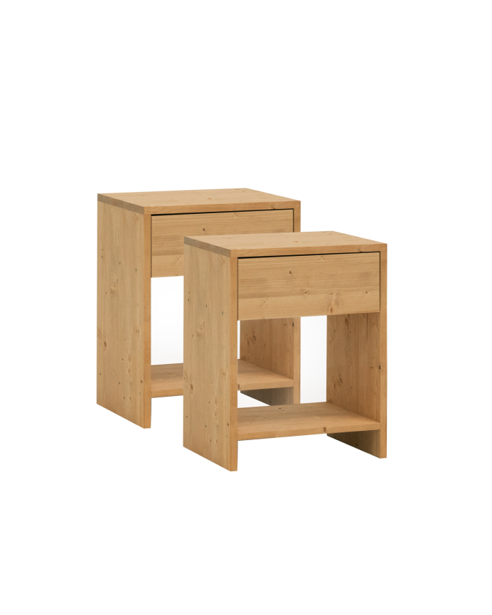 Pack de 2 tables de chevet en bois massif avec un tiroir en ton chêne moyen dans différentes tailles