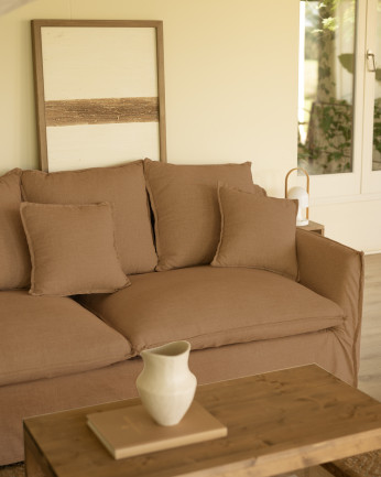 Housse de canapé avec méridienne gauche en coton et lin couleur brique plusieurs tailles