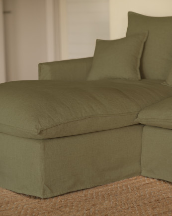 Housse de canapé avec méridienne gauche en coton et lin couleur verte plusieurs tailles