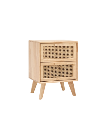 Table d'appoint en bois d'hévéa avec deux tiroirs et façade en maille cannage 54x40cm