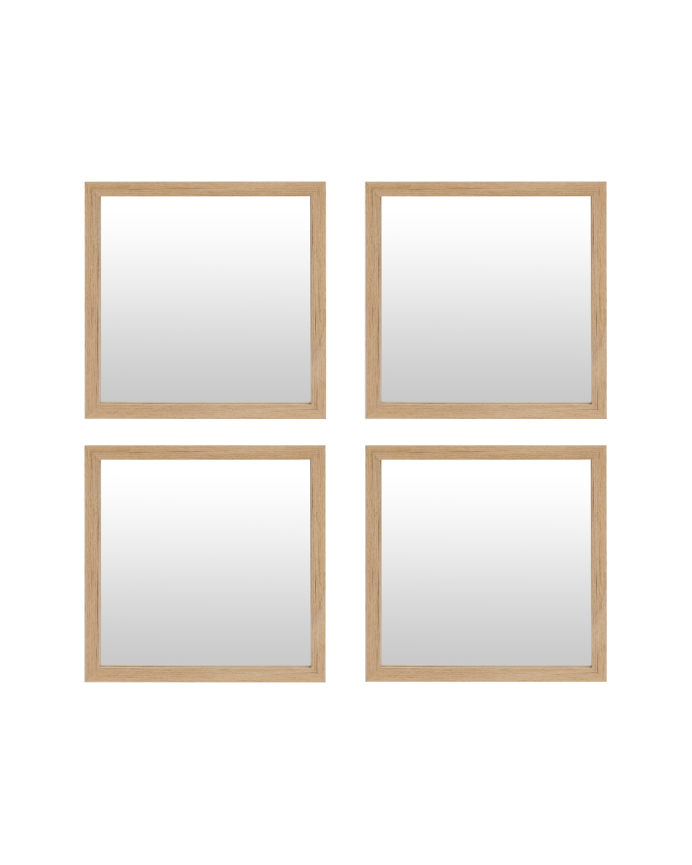 Pack 4 miroirs muraux carrés en bois naturel, 30x30cm