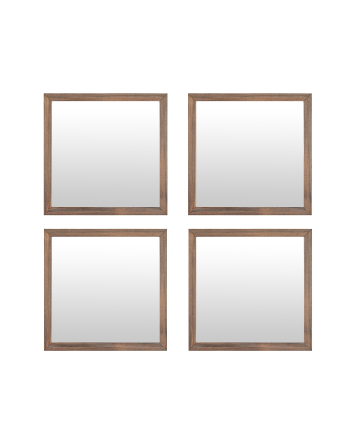 Pack 4 miroirs muraux carrés en bois ton noyer 30x30cm