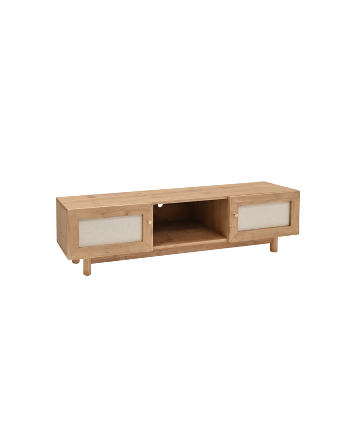 Meuble TV en bois massif et tissu lin 2 portes ton chêne foncé 150x40cm