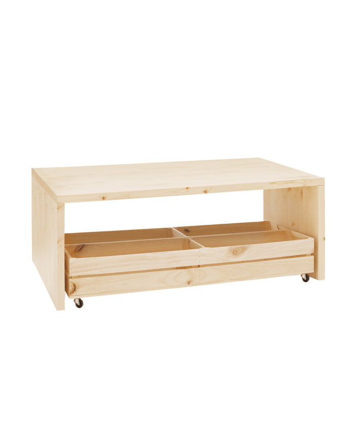 Table basse en bois massif ton naturel avec roulettes 120x45cm