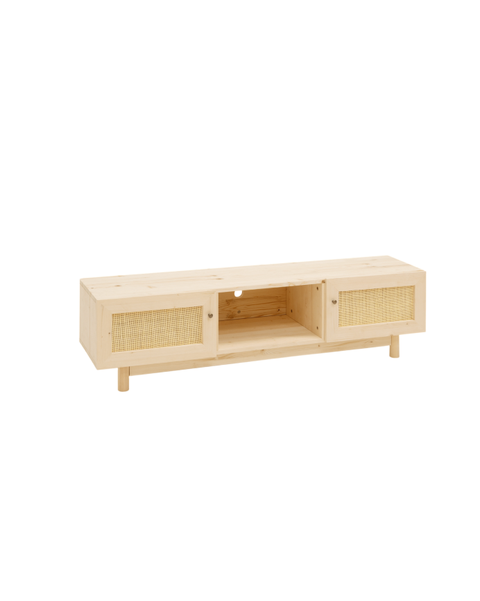 Meuble TV bois massif et raphia 2 portes ton naturel 150x40cm