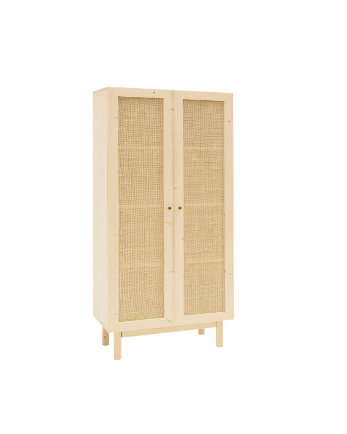 Armoire en bois de sapin et tressage de rotin 180x80cm.