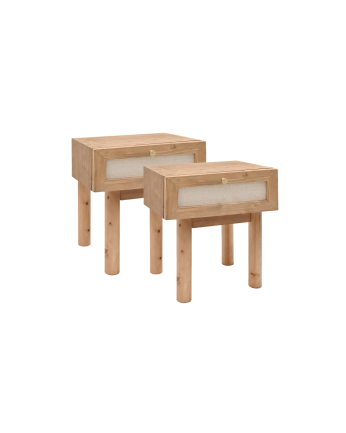 Pack 2 tables basses avec tiroir en bois massif et lin ton chêne foncé 45x40cm