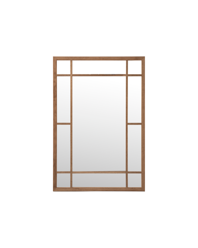 Miroir mural rectangulaire de type fenêtre en bois ton chêne foncé