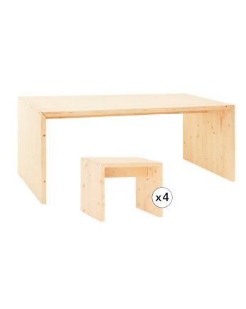 Pack table à manger et 4 tabourets en bois massif ton naturel 120cm