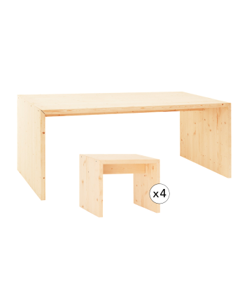 Pack table à manger et 4 tabourets en bois massif ton naturel 120cm