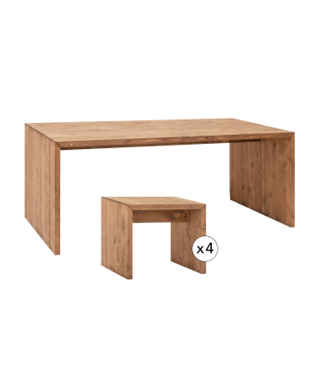 Pack table à manger et 4 tabourets bois massif en chêne foncé 120cm