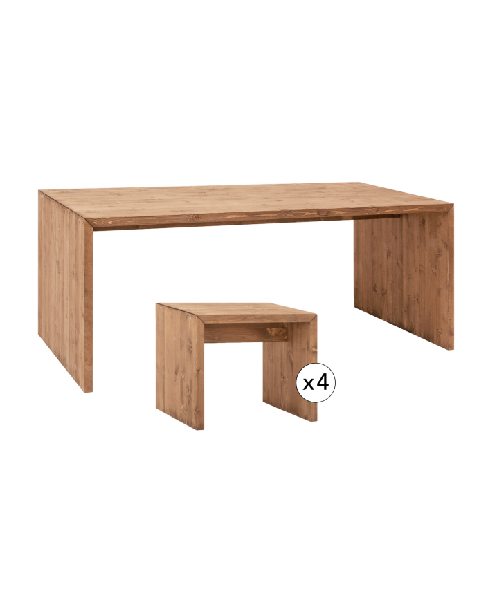 Pack table à manger et 4 tabourets bois massif en chêne foncé 120cm