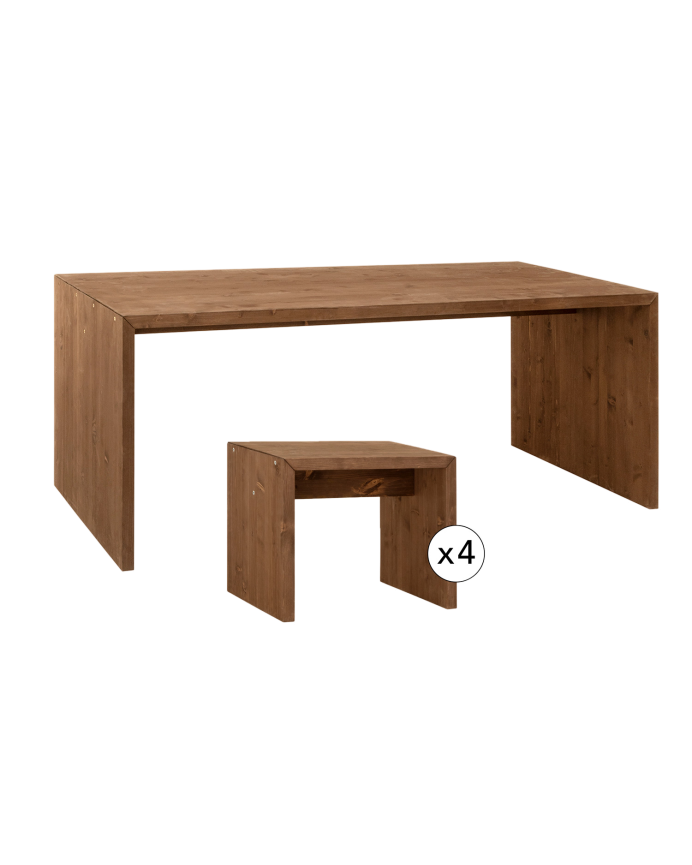 Pack table à manger et 4 tabourets en bois massif ton noyer 120cm