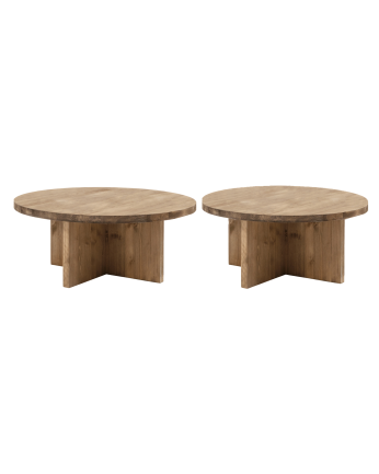 Pack de 2 tables basses rondes en bois massif ton chêne foncé 80x80cm