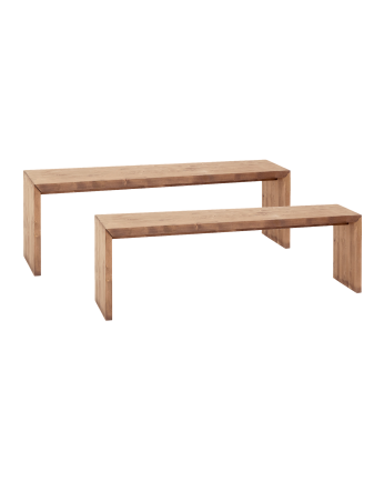 Pack 2 bancs en bois massif ton chêne foncé de différentes tailles