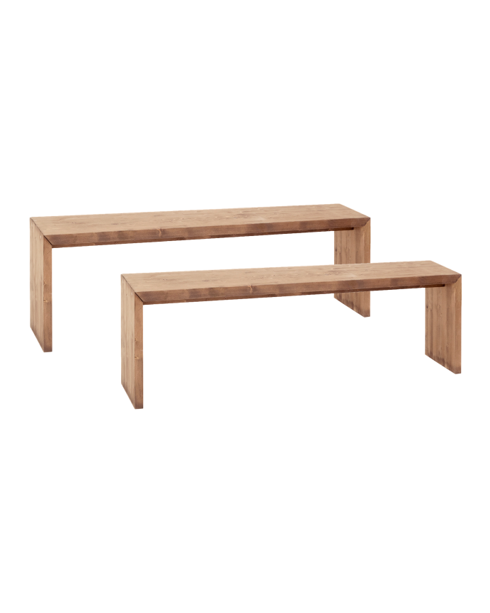 Pack 2 bancs en bois massif ton chêne foncé de différentes tailles