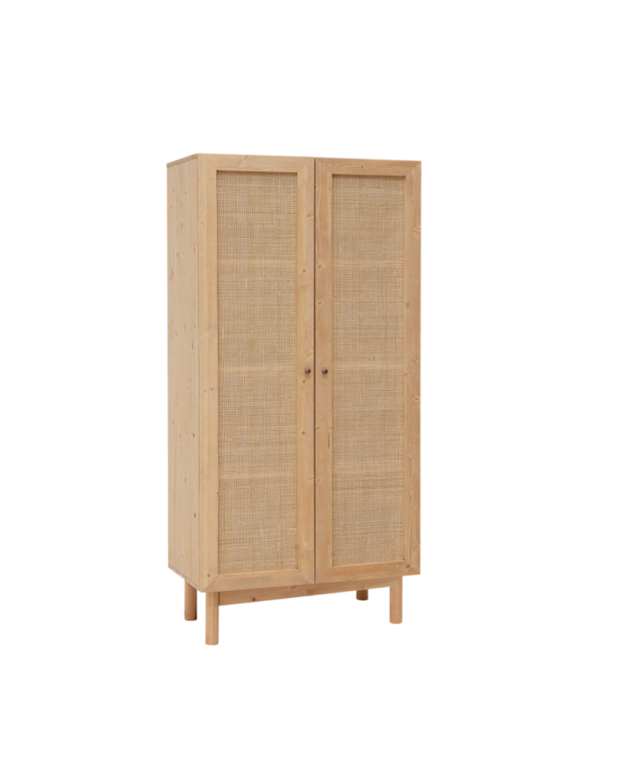 Armoire en bois massif et raphia ton chêne moyen 180x80cm