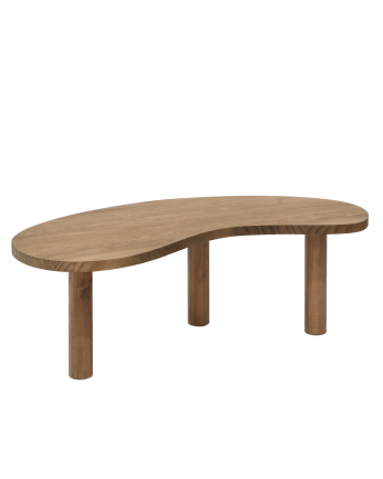 Table basse en bois massif aux formes organiques en teinte chêne foncé de différentes tailles.