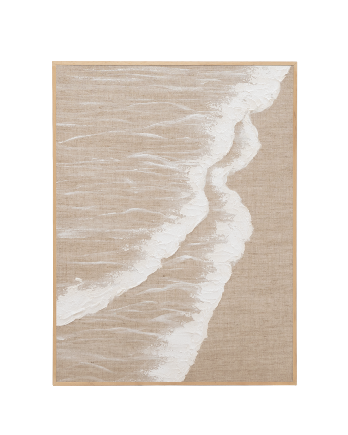 Tableau beige et blanc décoratif sur lin avec cadre en bois peint à la main à la peinture à l'huile en différentes tailles.