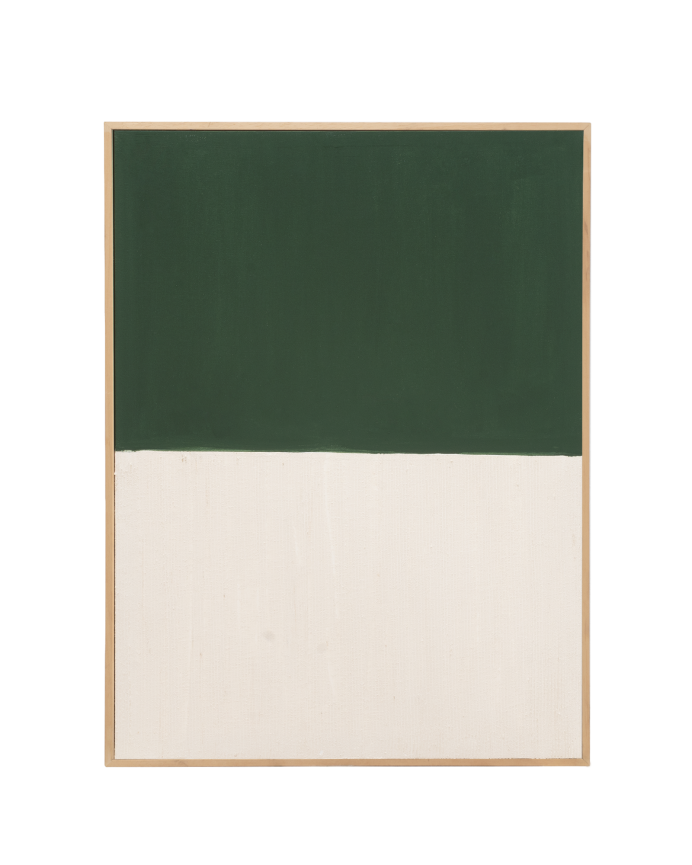 Tableau vert et blanc décoratif sur coton avec cadre en bois peint à la main à la peinture à l'huile en différentes tailles.