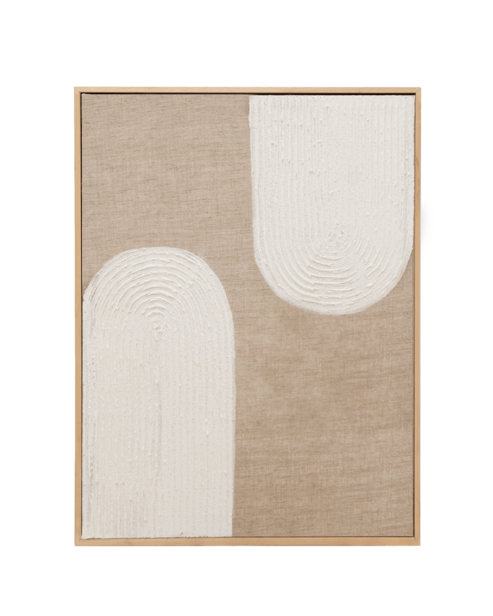 Tableau beige et blanc décoratif sur lin avec cadre en bois peint à la main à la peinture à l'huile en différentes tailles.