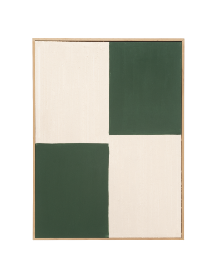 Tableau vert et blanc décoratif sur coton avec cadre en bois peint à la main à la peinture à l'huile en différentes tailles.