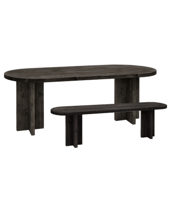 Pack table à manger ovale et banc en bois massif ton noir de différentes tailles