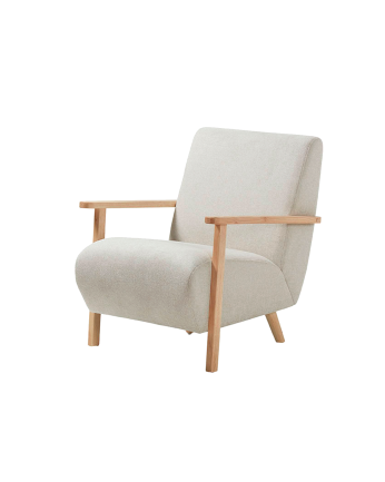 Fauteuil en bois massif avec assise en tissu couleur beige 82x70cm