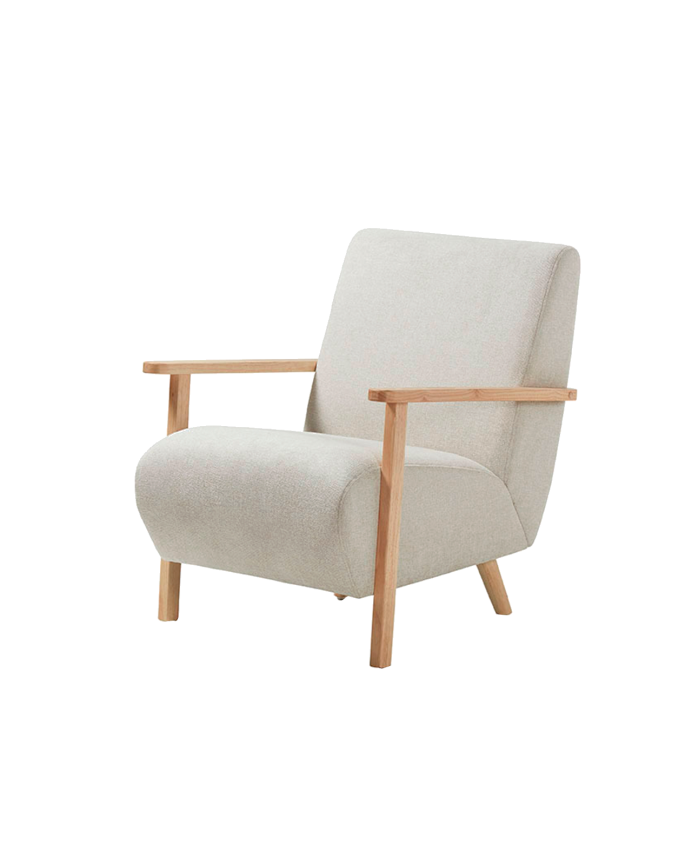 Fauteuil en bois massif avec assise en tissu couleur beige 82x70cm