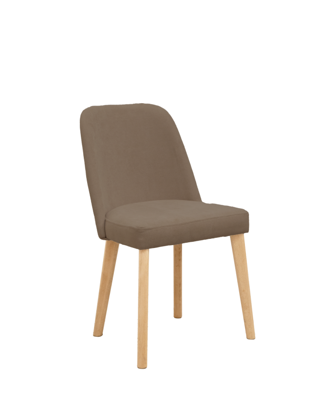 Chaise tapissée brun taupe avec pieds en bois le ton chêne moyen 87cm