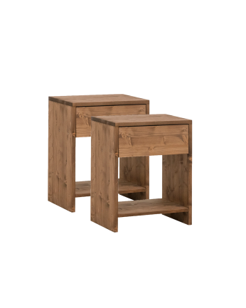 Pack de 2 tables de chevet en bois massif avec un tiroir en couleur chêne foncé en différentes tailles