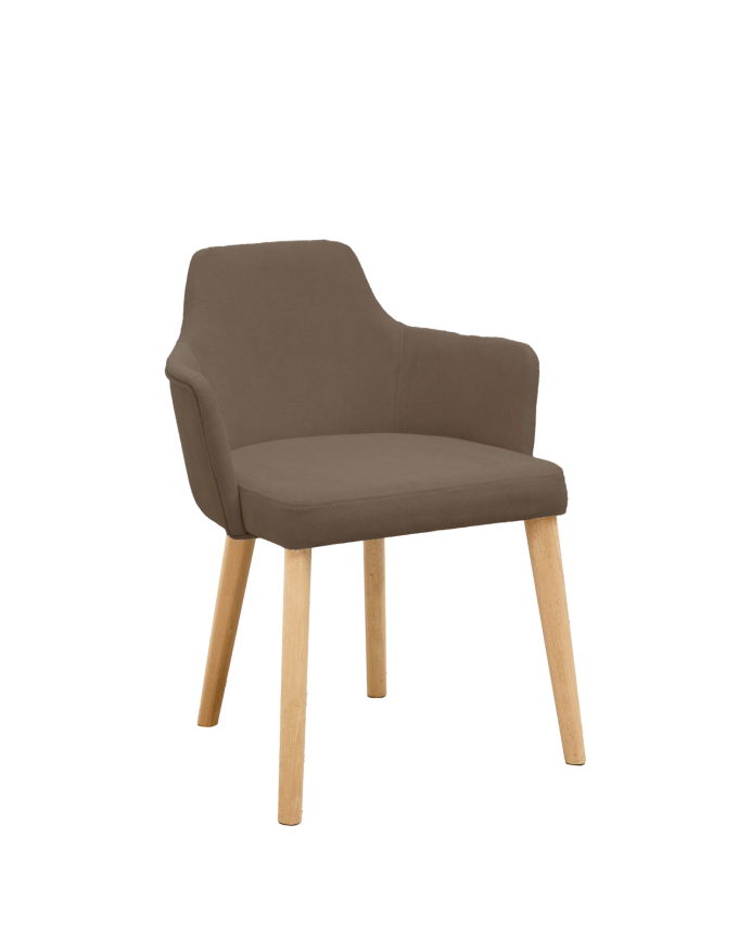 Chaise tapissée brun taupe avec pieds en bois le ton chêne moyen 95cm
