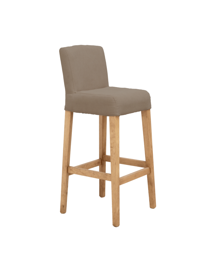 Tabouret tapissée brun taupe avec pieds en bois le ton chêne foncé 95cm