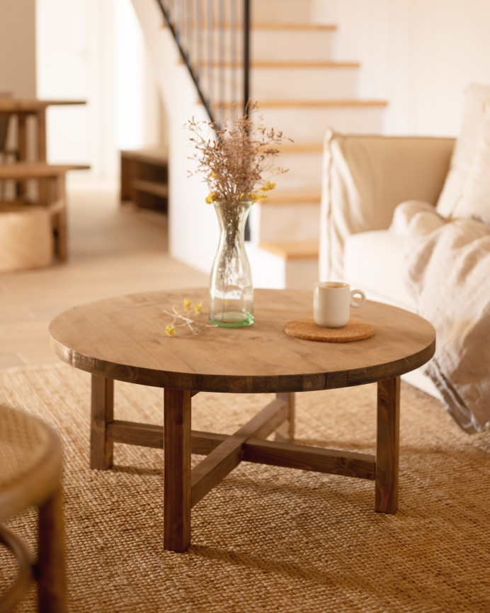 Table basse ronde en bois massif, ton chêne foncé, différentes tailles