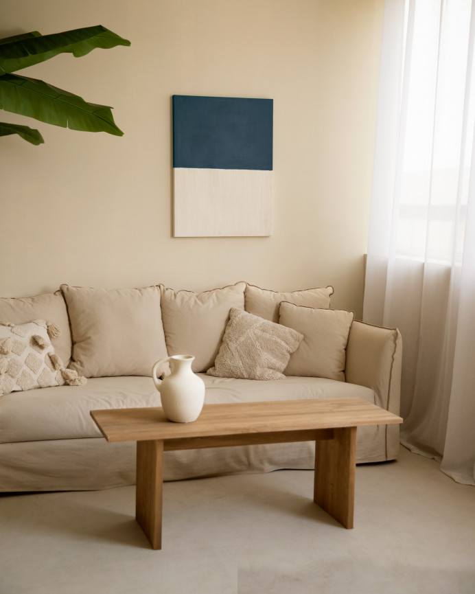 Tableau bleu et blanc décoratif sur coton avec cadre en bois peint à la main à la peinture à l'huile en différentes tailles.