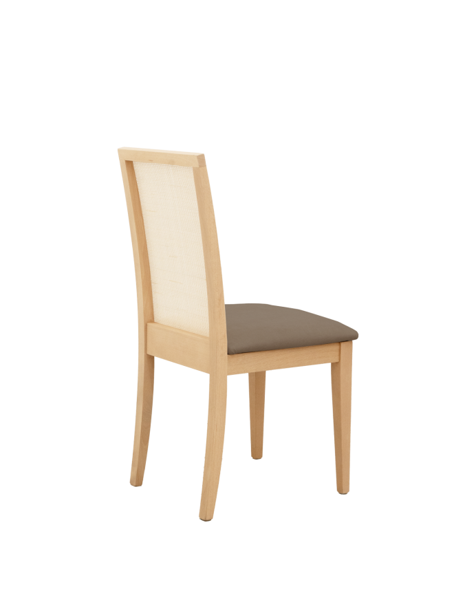 Chaise tapissée brun taupe avec pieds en bois le ton chêne moyen 95,5cm
