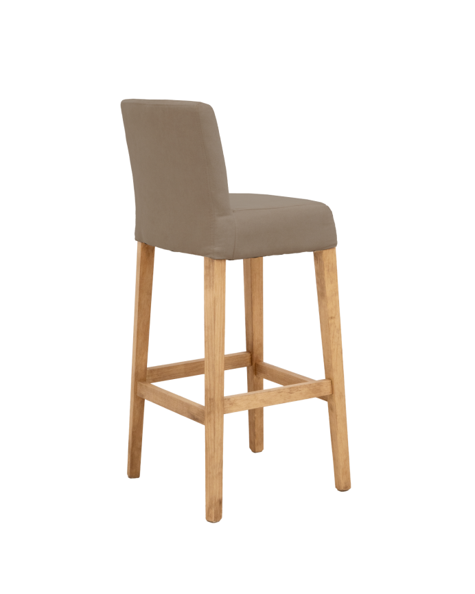 Tabouret tapissée brun taupe avec pieds en bois le ton chêne foncé 95cm