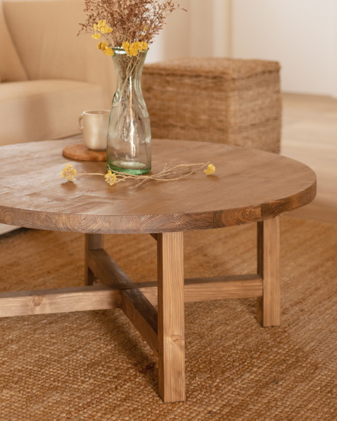 Table basse ronde en bois massif, ton chêne foncé, différentes tailles