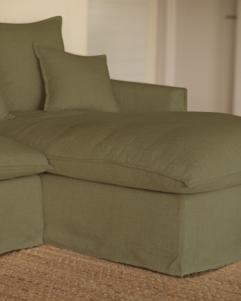 Canapé d'angle en coton et lin déhoussable couleur verte en plusieurs dimensions.