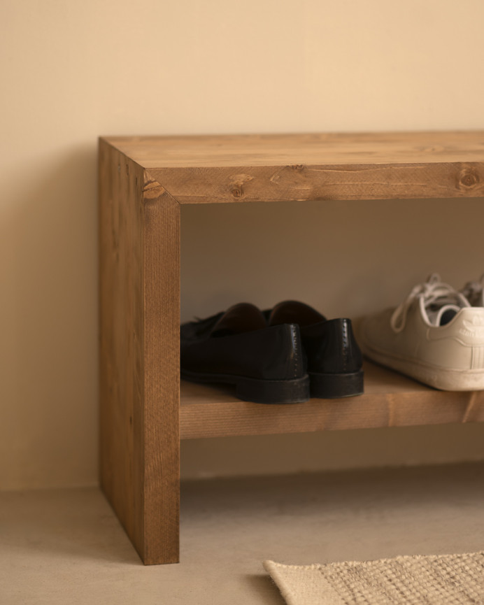 Banc à chaussures en bois massif ton chêne foncé de différentes tailles