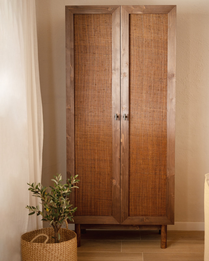 Armoire en bois massif et raphia ton noyer 180x80cm