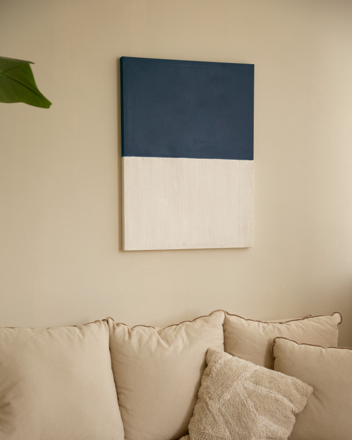 Tableau bleu et blanc décoratif sur coton avec cadre en bois peint à la main à la peinture à l'huile en différentes tailles.