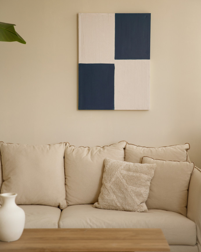 Tableau bleu et blanc décoratif sur coton avec cadre en bois peint à la main à la peinture à l'huile en différentes tailles.