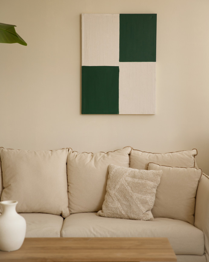 Tableau vert et blanc décoratif sur coton avec cadre en bois peint à la main à la peinture à l'huile en différentes tailles.