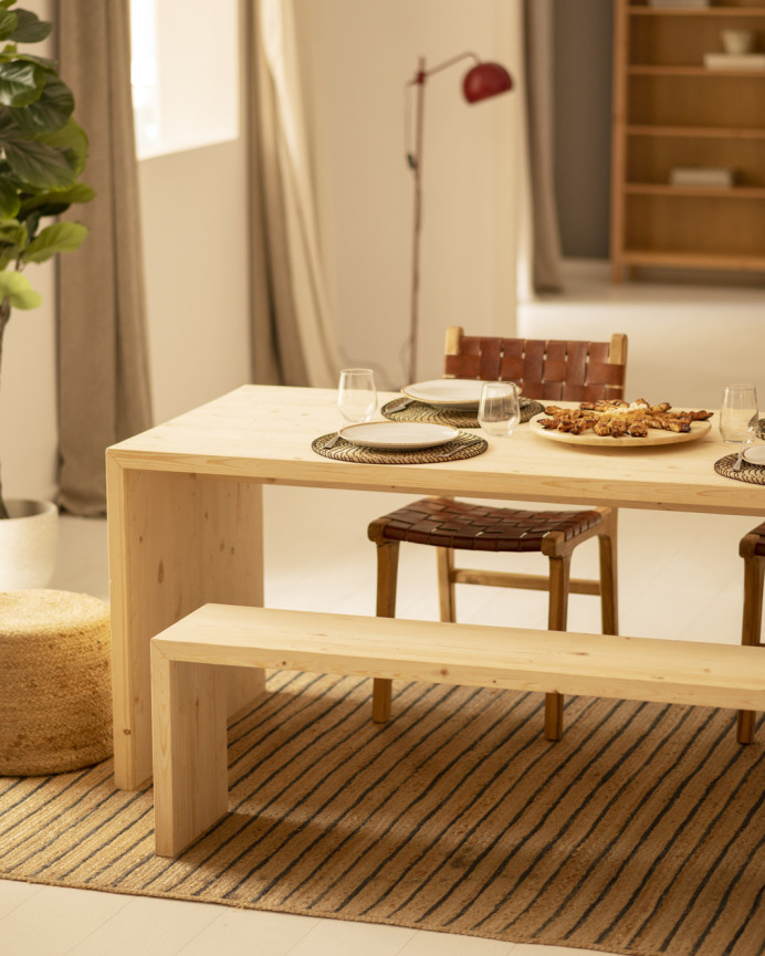 Pack table à manger et 4 tabourets en bois massif ton naturel 120cm