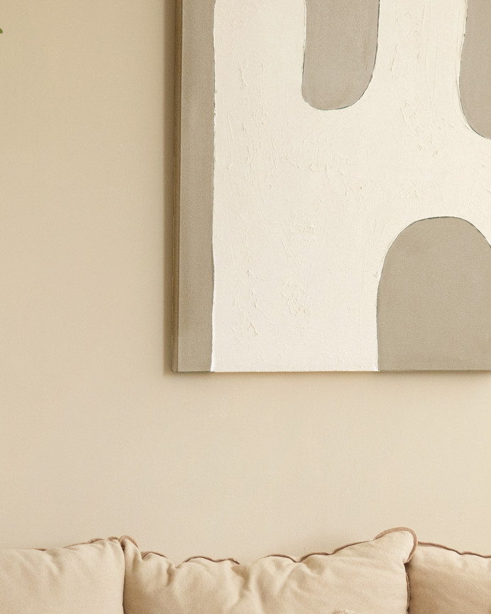 Tableau beige et blanc décoratif sur coton avec cadre en bois peint à la main à la peinture à l'huile en différentes tailles.