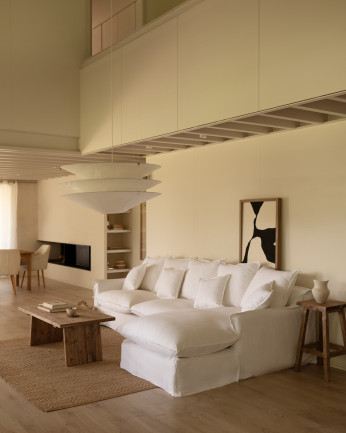 Canapé d'angle en coton et lin déhoussable couleur blanche en plusieurs dimensions.