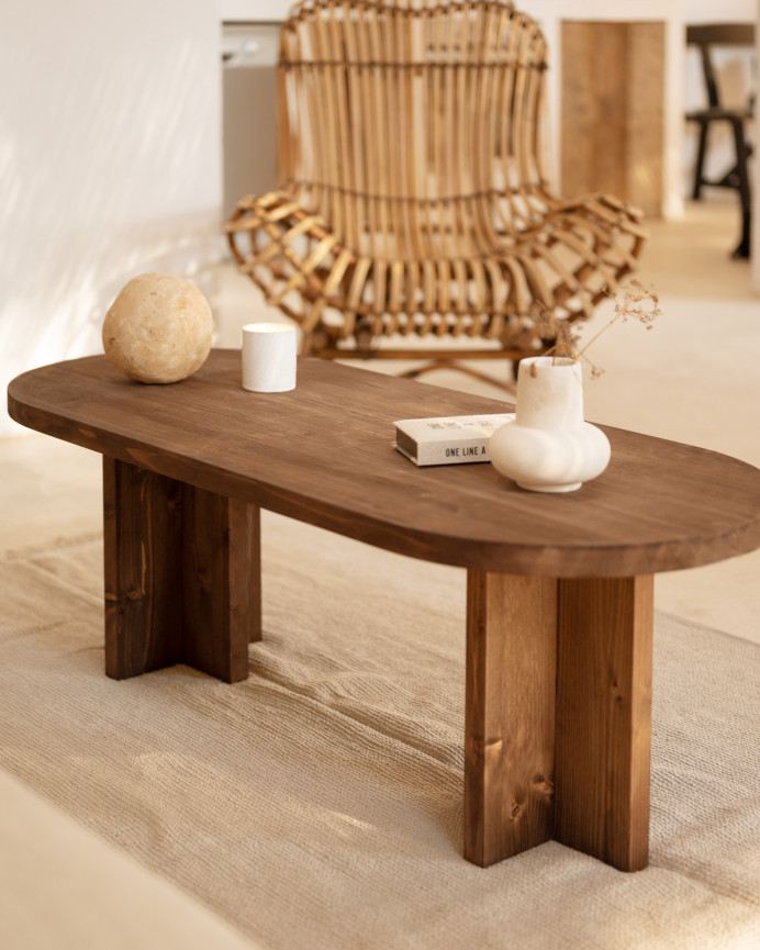 Table basse en bois massif ton noyer 120x40cm