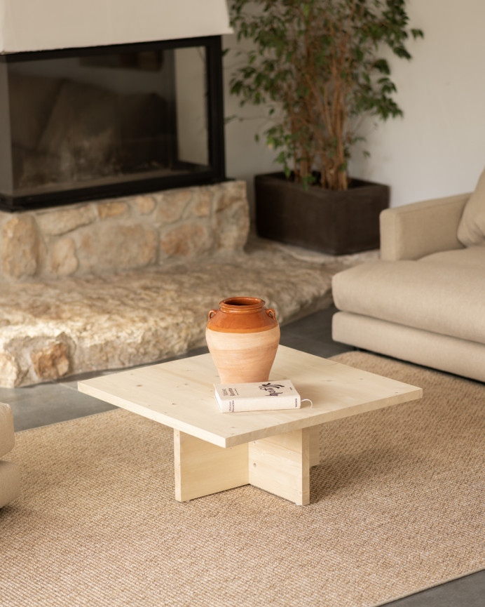 Table basse carrée en bois massif ton naturel de 80x80cm